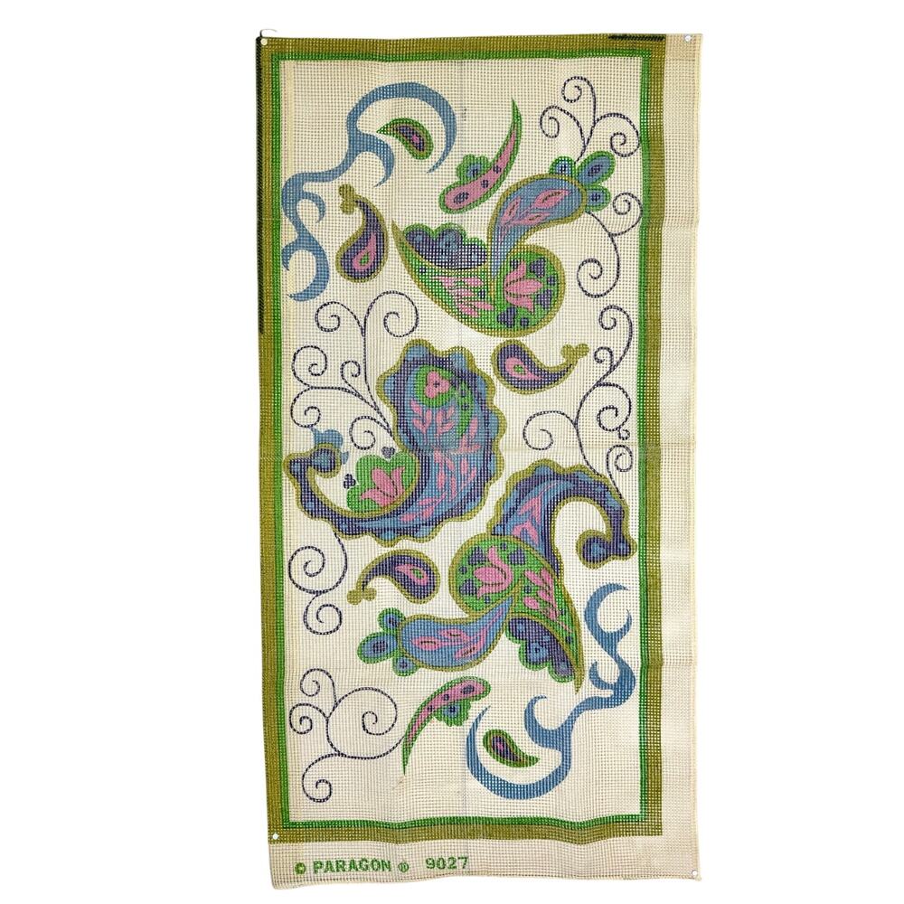 Vintage 70s Paragon Paisley Latch Hook Rug Wall Hanging Canvas 27x53 Boho Hippie